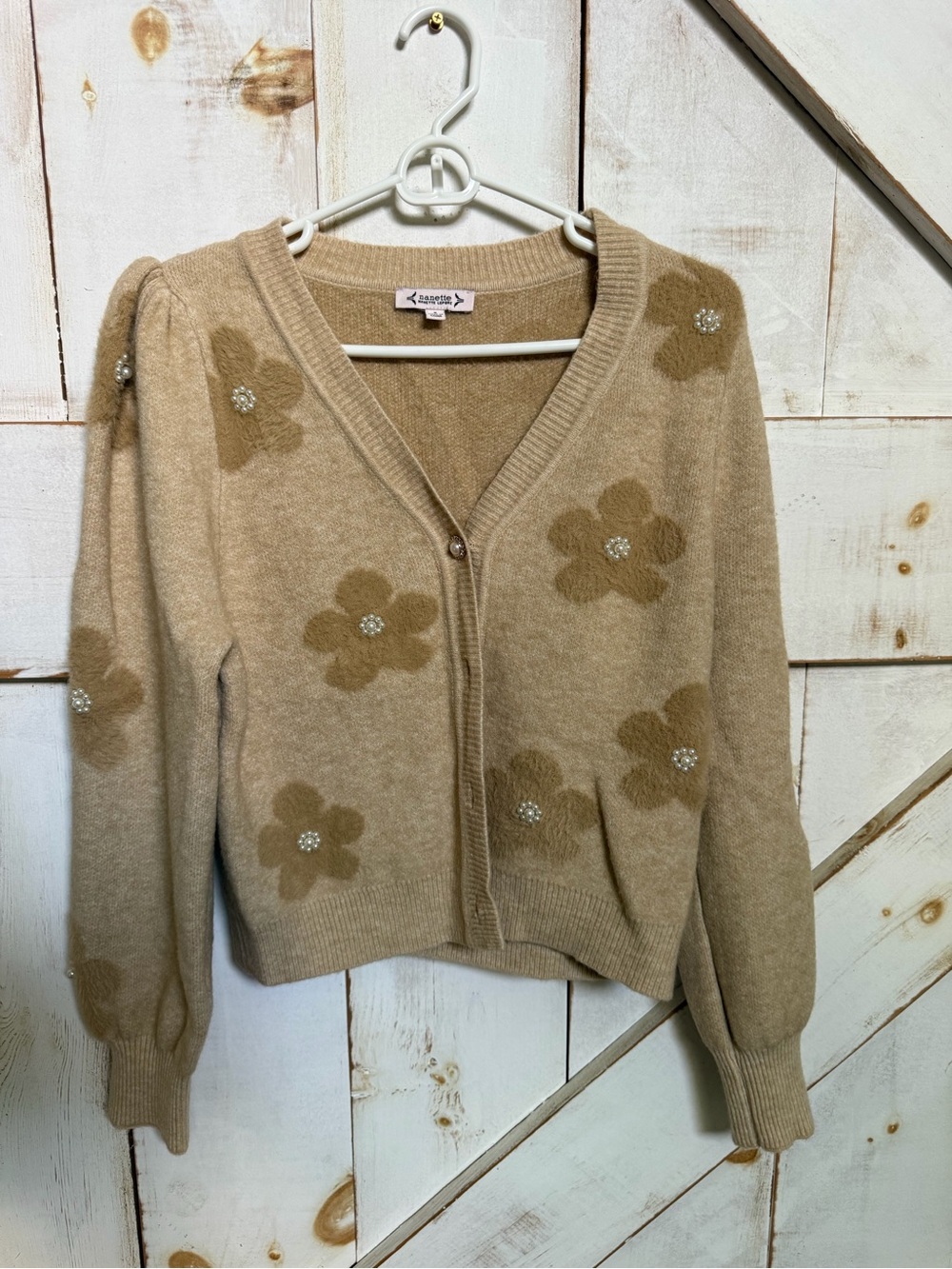 Nanette Lepore Beige Floral Embellished V-Neck Cardigan